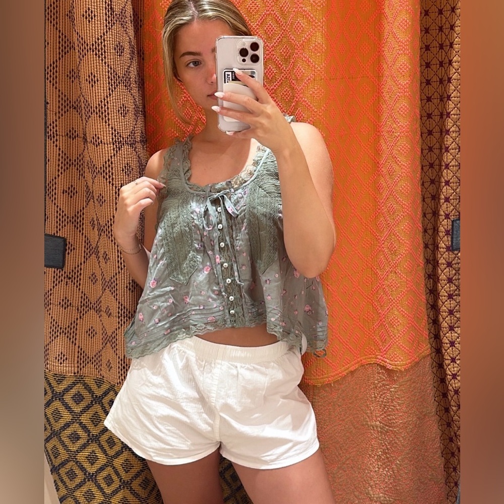 Free People ForeverMore Sheer Lace Floral Print Tank Top in Meadow Green XS
